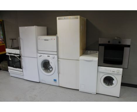 Eight kitchen appliances : Electrolux electric cooker, Gram fridge freezer, Candy washing machine, Matsui bench top dish wash