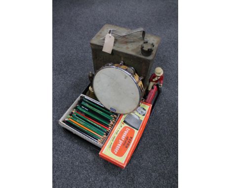A tray of vintage BP oil can, tambourine, boxed Pifco trouser press, brass hand bell, box of pencils etc 