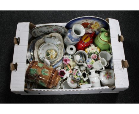 A box of china, lidded trinket boxes, wall and cabinet plates, china flower posies etc 