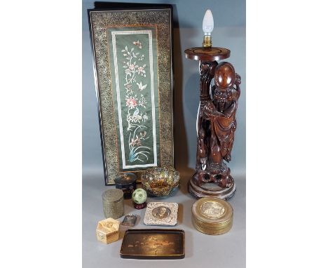 A Japanese root carving of a figure, together with a cloisonne bowl, a jade puzzle ball and other similar items 