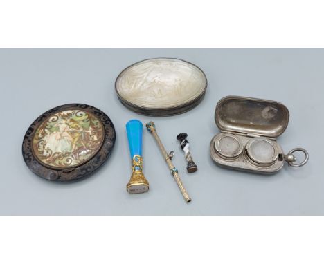 A white metal sovereign case, together with a mother of pearl snuff box, a compact, two seals and a propelling pencil 