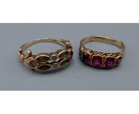 A 9ct gold ring set with five graduated Amethyst together with another 9ct gold stone set dress ring, 5.7gms 