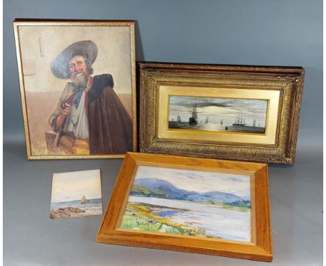 Nina Hill, River Landscape, oil on board, together with two coastal views with boats and a portrait of a gentleman 
