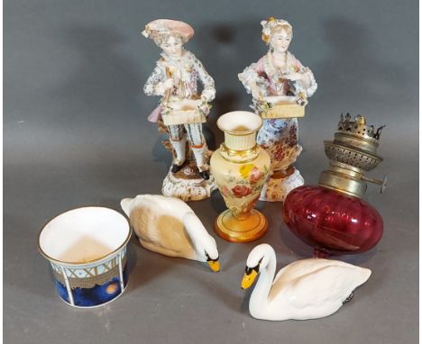 A Royal Worcester blush ivory small vase, together with two Beswick models of swans, a Royal Worcester cup, a Cranbury glass 