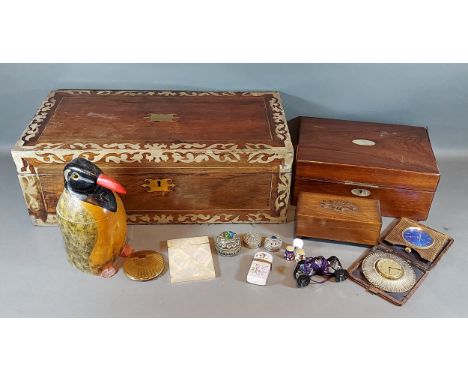 A 19th Century rosewood fold over writing slope, together with two work boxes, a mother of pearl card case, a tea caddy in th