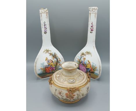 A Royal Worcester blush ivory squat vase, hand painted and highlighted with gilt, 13cms tall together with a pair of Dresden 