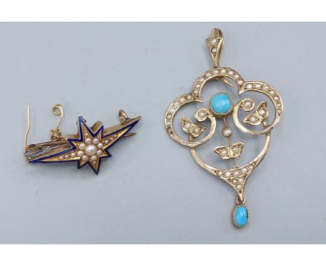 A 9ct gold Turquoise and Pearl set pendant together with a Pearl and Enamel brooch in the form of a star, 6.9gms 
