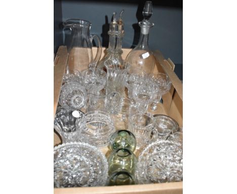 A set of six Indiana glass diamond point style goblets, a Dartington Glass fluted vase, a four chamber glass liqueur decanter