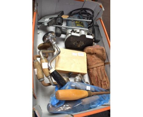A selection of woodworking tools including a Craft Power BPF-1200 1200W router complete with bits, a set of large auger drill