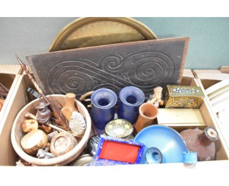 A large brass tray, a carved wooden panel, a wooden bowl and selection of smaller wooden items, a pair of bue glass vases, tw