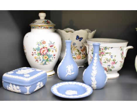 An Aynsley Cottage Garden planter and similar, a Coalport Ming Rose ginger jar and four Jasper Ware items including two vases