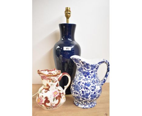 A large blue ceramic table lamp 46cm sold along with a Mason's Mandalay Red' jug and an Arden Burleigh blue and white chintz 
