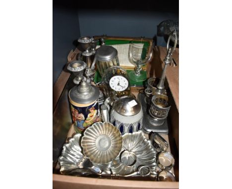 A vintage cased Sykometer Pressure Gauge, a brass effect anniversary clock, an Art Nouveau beer stein and similar traditional