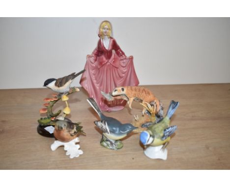 A Goebel Blue Titmouse and Robin bird study and a similar Beswick Grey Wagtail, two Country Artist animal studies-Meerkat Kat