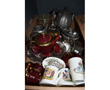 A selection of plated ware including a tea set in the form of a pumpkin, a basket having a twisted handle, a glass biscuit ba