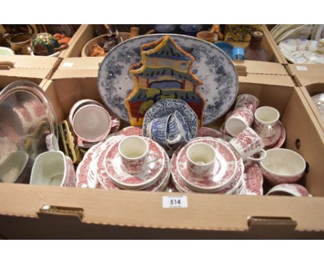 A selection of pink and white ware including Ridgeway 'Windsor' (23), an embroidered tea caddy in the form of a Pagoda, a bra
