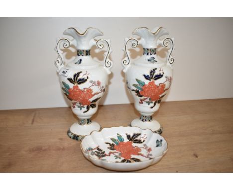 A pair of James Kent Old Foley Eastern Glory pattern vases and matching dish