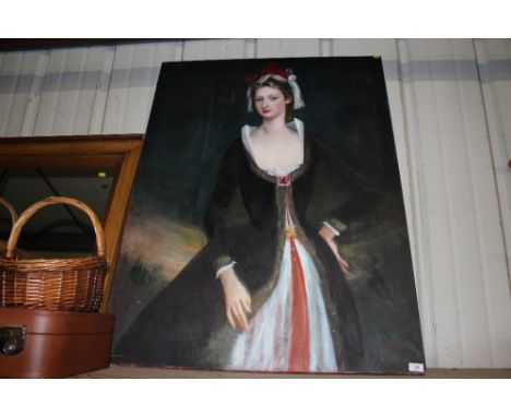 A large oil on canvas portrait painting depicting a lady wearing a black dress 