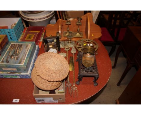 Two trivet stands; two pairs of brass candlesticks; a box containing a fan, a wooden hand mirror, a pine wall shelf etc. 