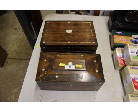 A Victorian rosewood tea caddy; and a Victorian rosewood sewing box 