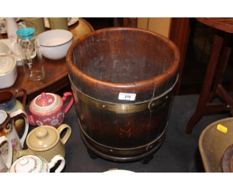 An oak and coopered waste paper bin / planter 