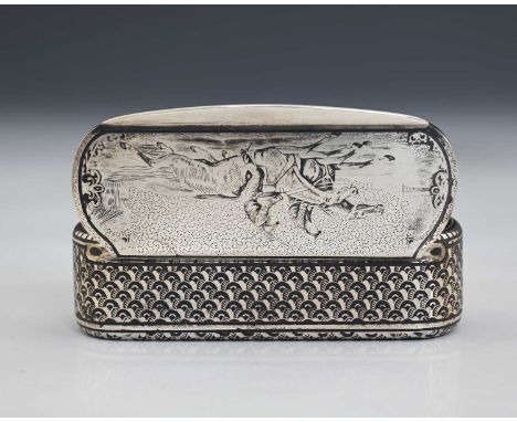 Sweden.A silver and niello snuff box, of rounded rectangular form, the cover decorated with a horse racing scene complete wit