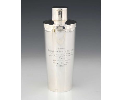 George Formby Interest.A twentieth-century plated cocktail shaker, of slightly tapered cylindrical form, with detachable cove