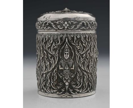 Siam/Thailand.A twentieth-century Eastern silver canister, possibly used as a tea caddy, of cylindrical form, the body decora