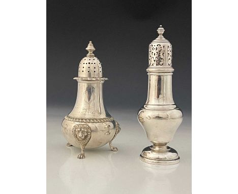 An Elizabeth II silver caster, of squat baluster form, with cast gadrooned borders, atop three lion mask and paw feet, the de