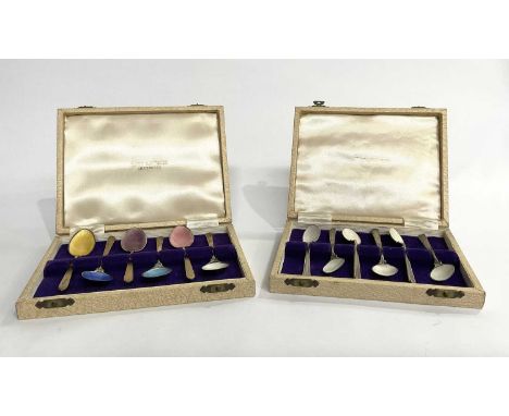 David Lawrence.Two cased sets of six Elizabeth II silver and enamel tea or coffee spoons, all with fluted stems, the bowls wi