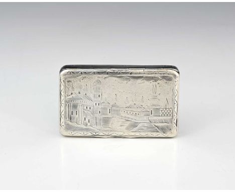 Russia.A nineteenth-century Russian silver snuff box, of rectangular form, the exterior decorated with a landscape scene incl