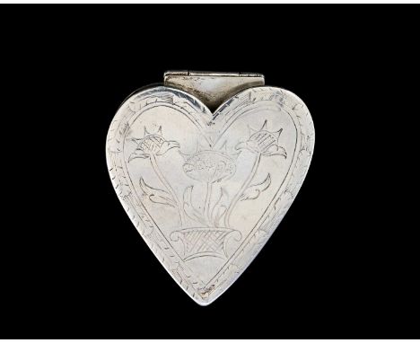 A late seventeenth or early eighteenth-century silver-coloured metal heart-shaped snuff box, with stand-away hinge, the top o