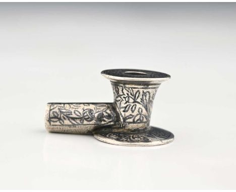 A niello and silver-coloured metal pipe chamber section, decorated with flowerheads and foliate scrolls, apparently unmarked,