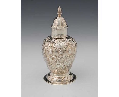 Germany.A late nineteenth-century German Hanau silver tea caddy, of inverted pear form, the exterior decorated with diaper wo