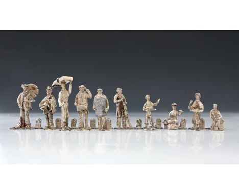 A set of ten Elizabeth II novelty cast silver 'Cries of London' figural menu or place card holders, each modelled in the form