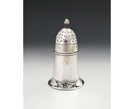 An Edwardian silver caster, of lighthouse form, with pierced foliate scroll galleried foot rim, the detachable pierced cover 