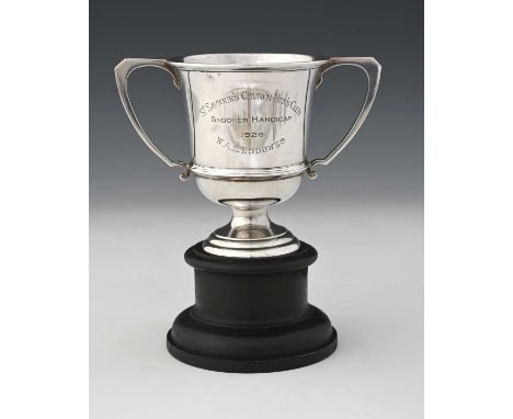 A George V silver two-handle trophy cup, "St. Saviour's Church Men's Club Snooker Handicap", atop a wood base, Mappin &amp; W