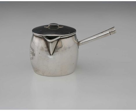 A Victorian silver novelty saucepan, with inscription, 'CHARCERS 1st PRIZE / L'ENFANT PRODICUE / WOOLWICH. 1891.', Mappin &am