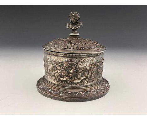 Elkington.A Victorian Elkington plated box and cover, of squat cylindrical form, the exterior decorated in relief with floral