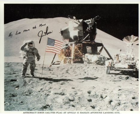 Apollo 15 James Irwin signed 10x8 lithograph of Irwin standing on the moon. Good condition Est.