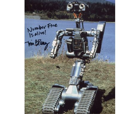 Short Circuit 1980's sci-fi movie photo signed by actor Tim Blaney as the voice of the iconic robot Johnny Five. Five is aliv