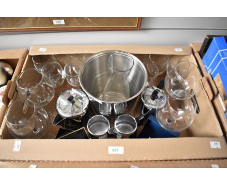 A good selection of assorted wine glasses and champagne flutes, a plated ice bucket, a Swan Quality chromium plate tea set, a