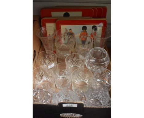 A collection of cut glass tumblers, sugar basin, vases etc, also included are some place mats of Scottish interest.