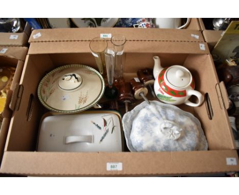 Three serving dishes including a Burleigh Art Deco style, a blue and white floral and a Denby 'Greenwheat' rectangular, three