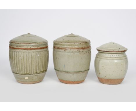 ‡ Richard Batterham (b.1936) a stonewareware storage jar and cover, swollen cylindrical form with incised column band, covere