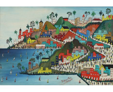 Préfète Duffaut (Haitian 1923-2012) View of a coastal town with sailing boats in the bay Signed and dated Le73/7/75 Oil on ca