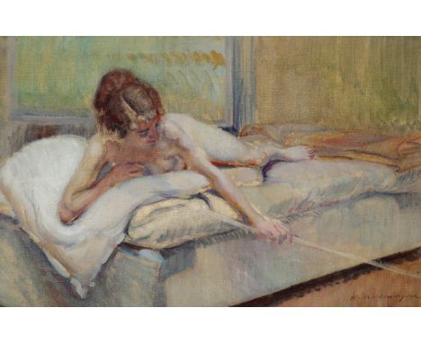 Adrien Karbowsky (French 1855-1945) Young lady lying on a bed with a pipe Signed and dated 1912 Oil on canvas 38.5 x 55.1cm