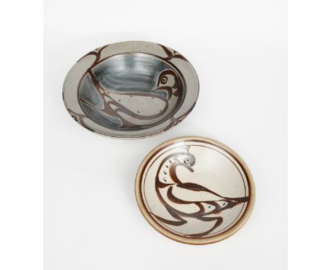 ‡ Svend Bayer (Danish b. 1946) A stoneware plate, painted with two fish to the well, in blue on a pale grey ground, five smal