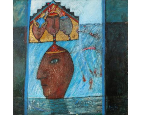 ‡ Marj Bond RSW (Scottish b.1939) Head Hunter Signed and dated 94, and further inscribed and titled to verso Mixed media on b