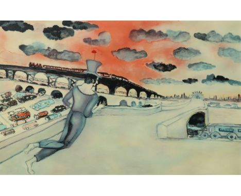 ‡ Marcel Marceau (French 1923-2007) Bip flying over the city Signed, dated and inscribed To Andrew/ O'Connor/ with all my hea